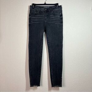 Harper Black Distress Midi Embellished Ankle Skinny Jeans Women's Size 28 Fringe